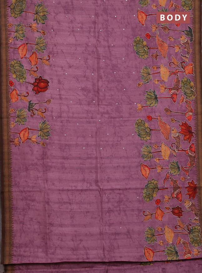 Semi raw silk saree mauve pink with mirror work and kalamkari prints & pita work