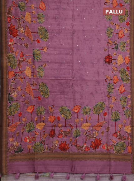 Semi raw silk saree mauve pink with mirror work and kalamkari prints & pita work