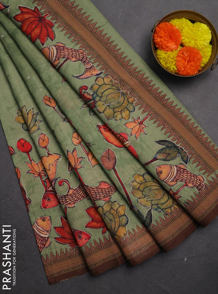 Semi raw silk saree green shade with mirror work and kalamkari prints & pita work