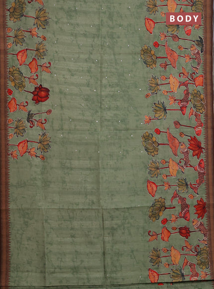 Semi raw silk saree green shade with mirror work and kalamkari prints & pita work