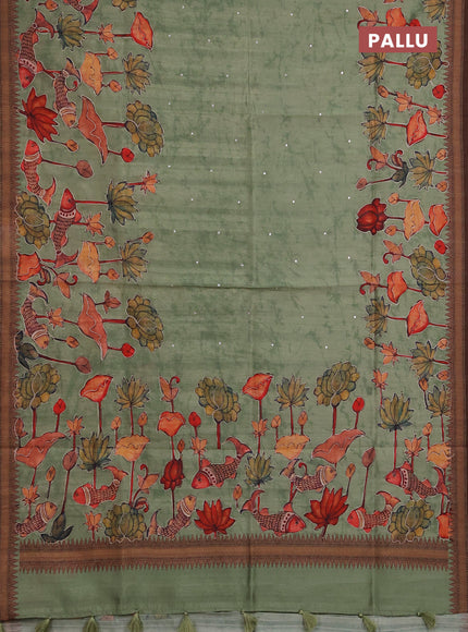 Semi raw silk saree green shade with mirror work and kalamkari prints & pita work
