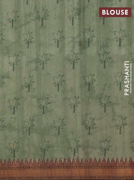 Semi raw silk saree green shade with mirror work and kalamkari prints & pita work