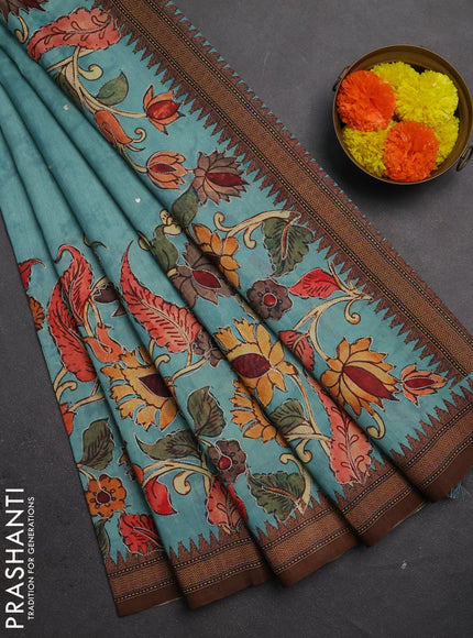 Semi raw silk saree teal blue with mirror work and kalamkari prints & pita work