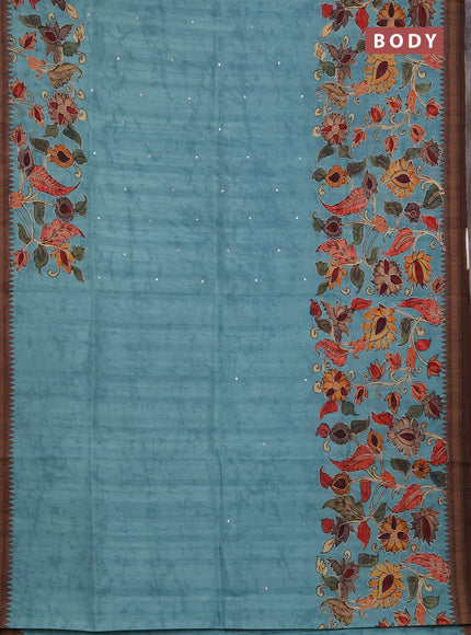 Semi raw silk saree teal blue with mirror work and kalamkari prints & pita work
