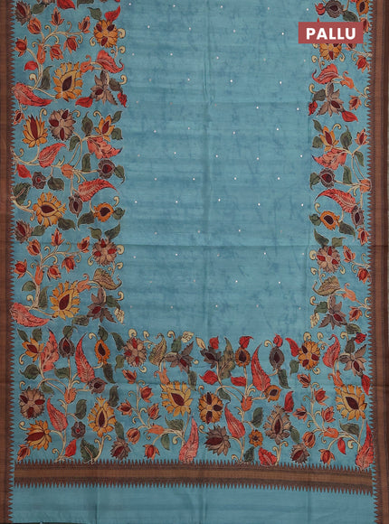 Semi raw silk saree teal blue with mirror work and kalamkari prints & pita work