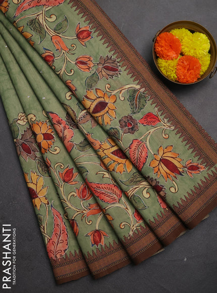 Semi raw silk saree pastel green with mirror work and kalamkari prints & pita work