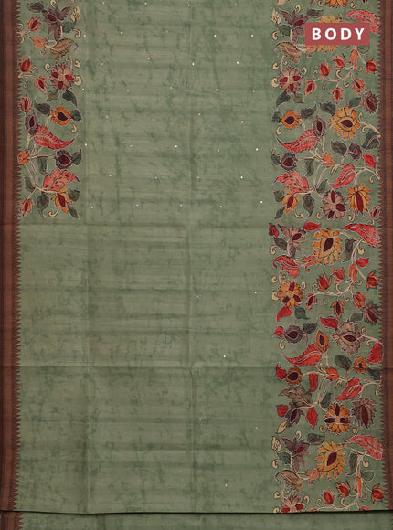 Semi raw silk saree pastel green with mirror work and kalamkari prints & pita work