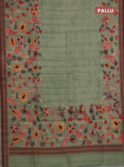 Semi raw silk saree pastel green with mirror work and kalamkari prints & pita work