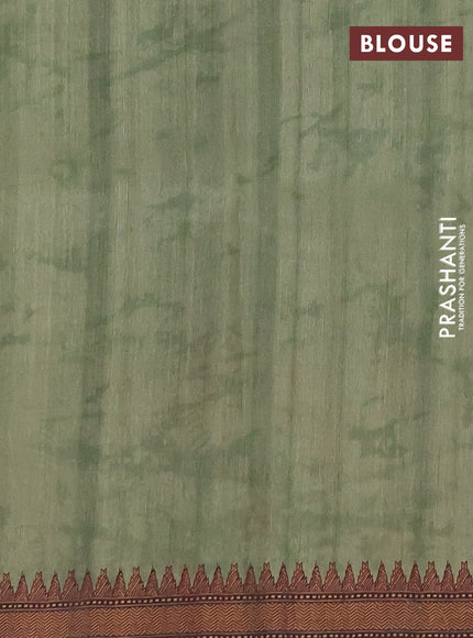 Semi raw silk saree pastel green with mirror work and kalamkari prints & pita work