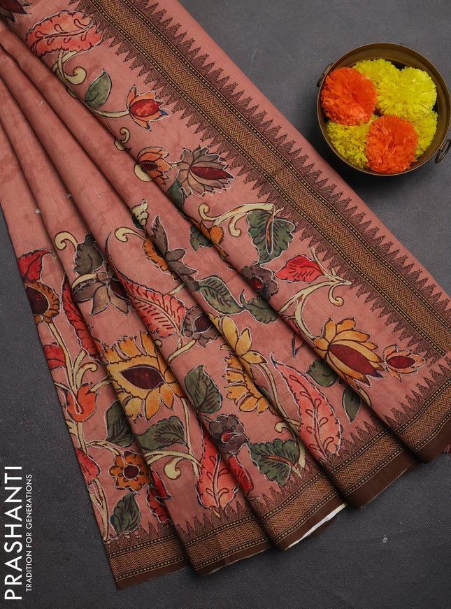 Semi raw silk saree mild peach with mirror work and kalamkari prints & pita work