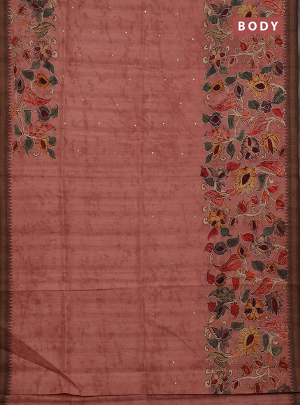 Semi raw silk saree mild peach with mirror work and kalamkari prints & pita work