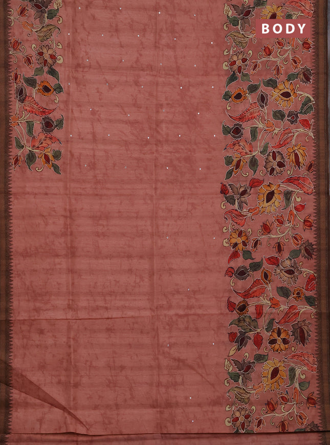 Semi raw silk saree mild peach with mirror work and kalamkari prints & pita work