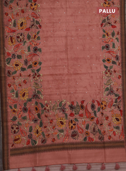 Semi raw silk saree mild peach with mirror work and kalamkari prints & pita work