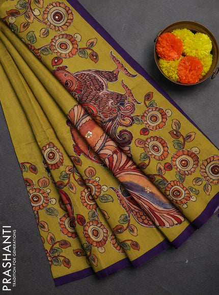 Semi raw silk saree lime yellow and violet with plain body and kalamkari prints & pita work