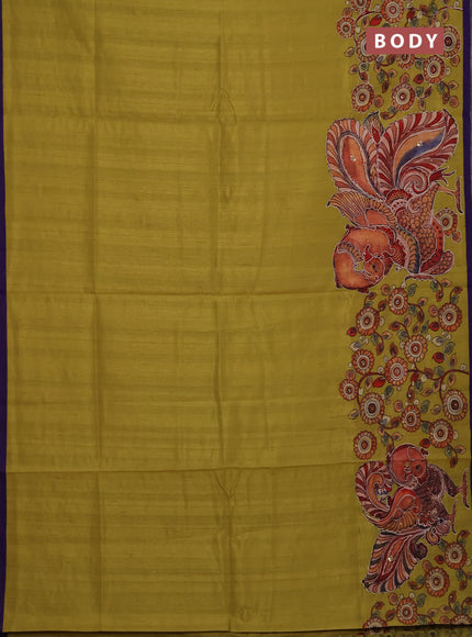 Semi raw silk saree lime yellow and violet with plain body and kalamkari prints & pita work