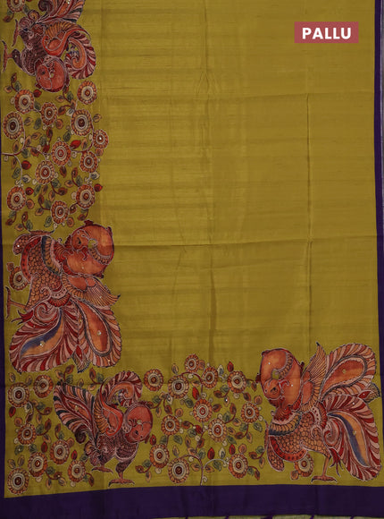 Semi raw silk saree lime yellow and violet with plain body and kalamkari prints & pita work