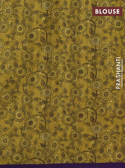 Semi raw silk saree lime yellow and violet with plain body and kalamkari prints & pita work