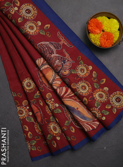 Semi raw silk saree maroon and blue with plain body and kalamkari prints & pita work