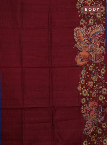 Semi raw silk saree maroon and blue with plain body and kalamkari prints & pita work