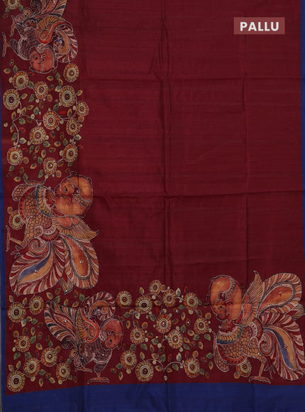 Semi raw silk saree maroon and blue with plain body and kalamkari prints & pita work
