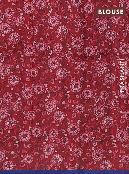 Semi raw silk saree maroon and blue with plain body and kalamkari prints & pita work