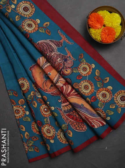 Semi raw silk saree teal blue and maroon with plain body and kalamkari prints & pita work