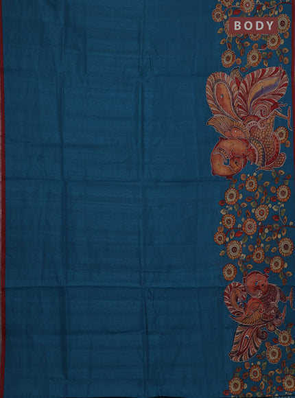 Semi raw silk saree teal blue and maroon with plain body and kalamkari prints & pita work