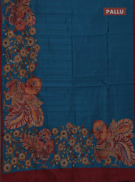 Semi raw silk saree teal blue and maroon with plain body and kalamkari prints & pita work