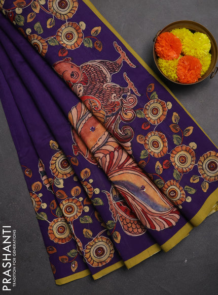 Semi raw silk saree violet and lime yellow with plain body and kalamkari prints & pita work
