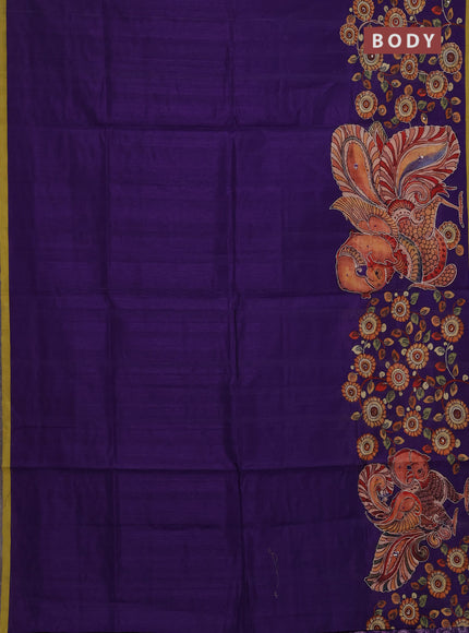 Semi raw silk saree violet and lime yellow with plain body and kalamkari prints & pita work