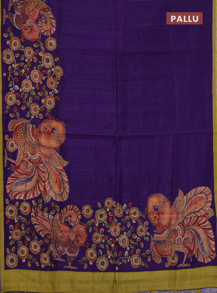 Semi raw silk saree violet and lime yellow with plain body and kalamkari prints & pita work