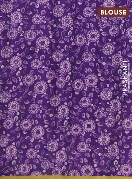 Semi raw silk saree violet and lime yellow with plain body and kalamkari prints & pita work