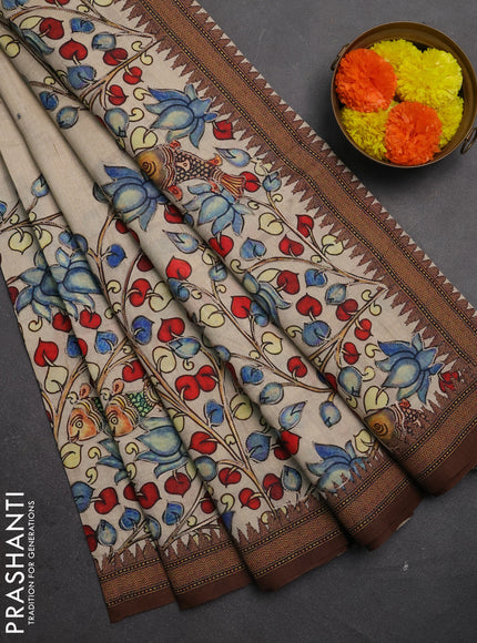 Semi raw silk saree cream with mirror work and kalamkari prints & pita work