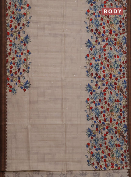 Semi raw silk saree cream with mirror work and kalamkari prints & pita work