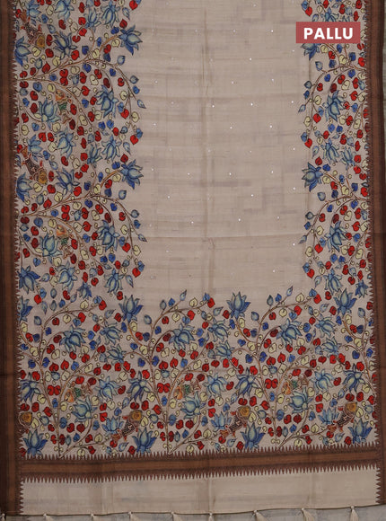 Semi raw silk saree cream with mirror work and kalamkari prints & pita work