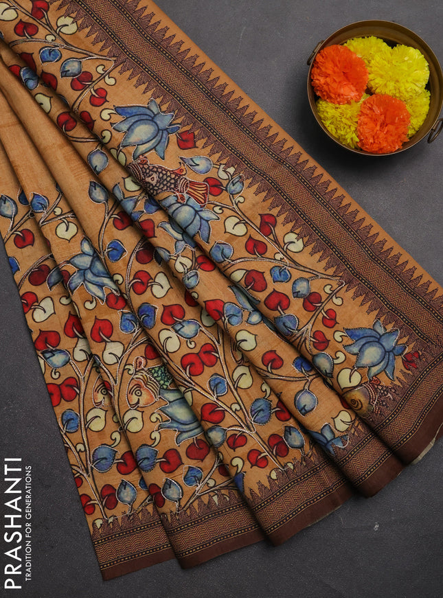 Semi raw silk saree mustard yellow with mirror work and kalamkari prints & pita work