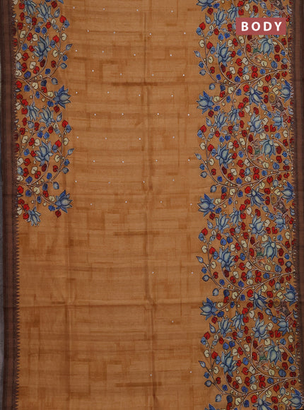 Semi raw silk saree mustard yellow with mirror work and kalamkari prints & pita work