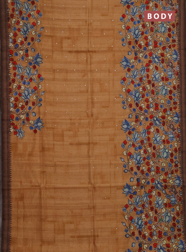 Semi raw silk saree mustard yellow with mirror work and kalamkari prints & pita work