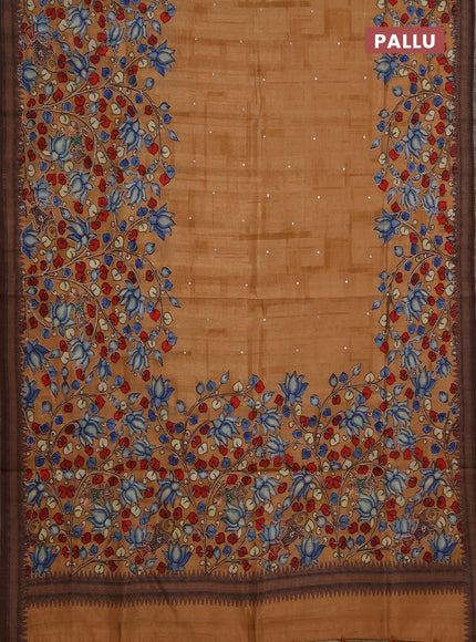 Semi raw silk saree mustard yellow with mirror work and kalamkari prints & pita work