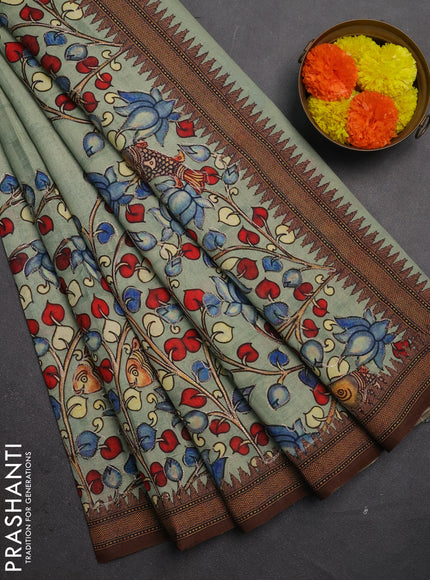 Semi raw silk saree pastel green with mirror work and kalamkari prints & pita work