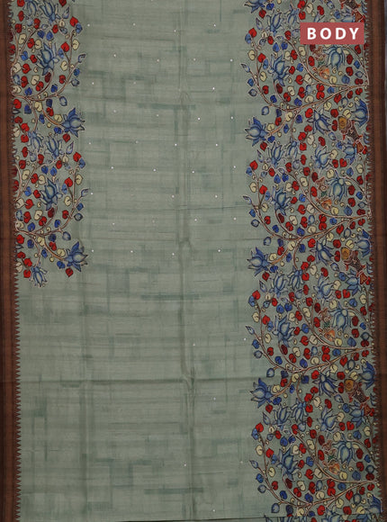 Semi raw silk saree pastel green with mirror work and kalamkari prints & pita work