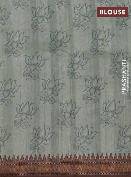 Semi raw silk saree pastel green with mirror work and kalamkari prints & pita work