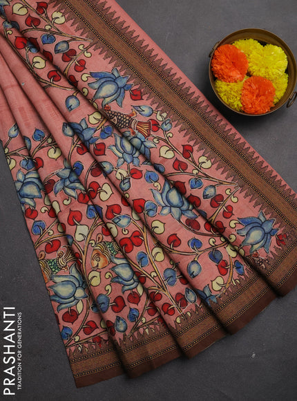 Semi raw silk saree peach shade with mirror work and kalamkari prints & pita work