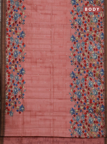 Semi raw silk saree peach shade with mirror work and kalamkari prints & pita work