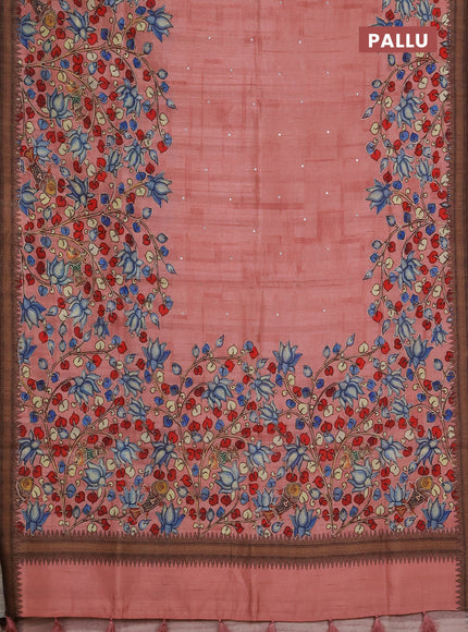 Semi raw silk saree peach shade with mirror work and kalamkari prints & pita work