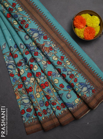 Semi raw silk saree teal blue with mirror work and kalamkari prints & pita work