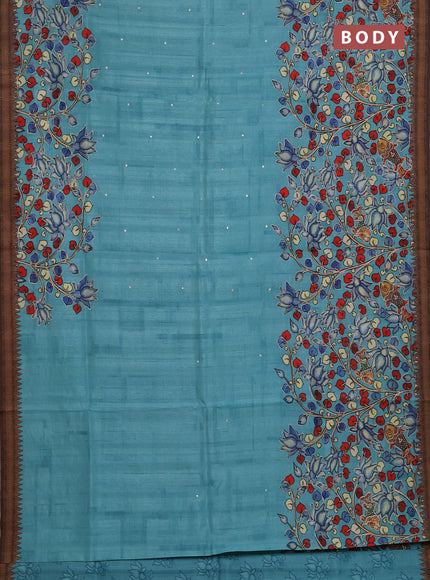 Semi raw silk saree teal blue with mirror work and kalamkari prints & pita work