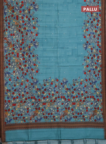 Semi raw silk saree teal blue with mirror work and kalamkari prints & pita work