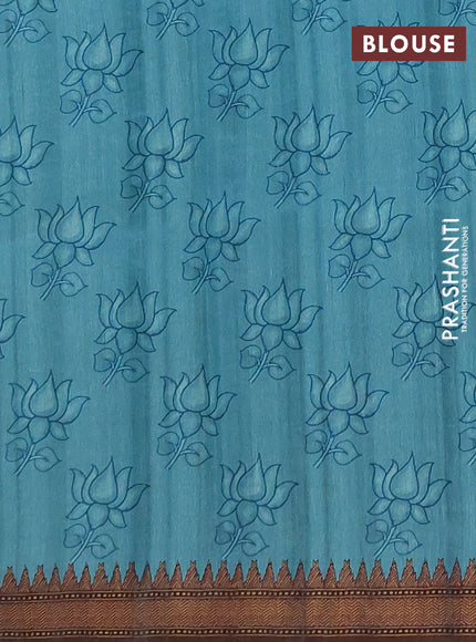 Semi raw silk saree teal blue with mirror work and kalamkari prints & pita work