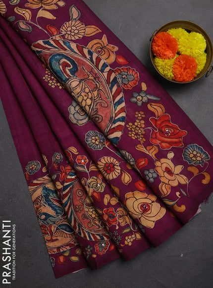 Semi raw silk saree Magenta pink with plain body and kalamkari prints & pita work